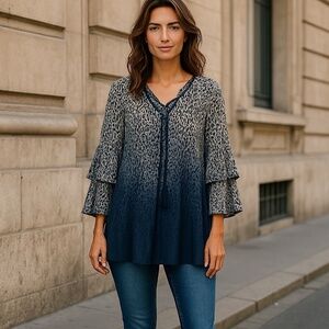 Reba Women’s Multi Ombré Animal Print Layered Sleeve Summer Flowy Blouse Sz-M